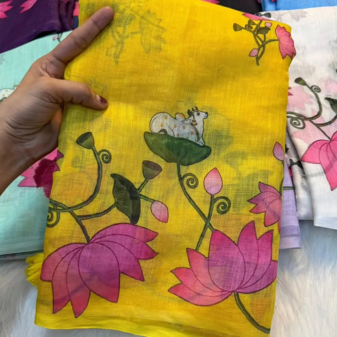 Premium Pichwai Linen Saree with All‑Over Digital Print & Coordinated Blouse