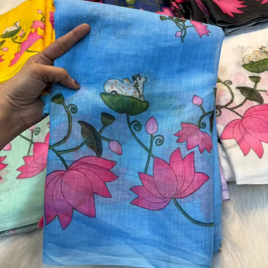 Premium Pichwai Linen Saree with All‑Over Digital Print & Coordinated Blouse