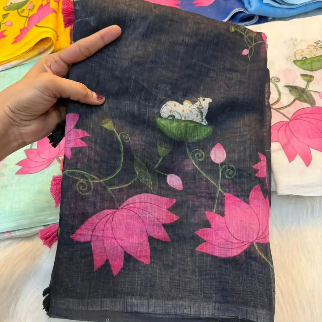Premium Pichwai Linen Saree with All‑Over Digital Print & Coordinated Blouse