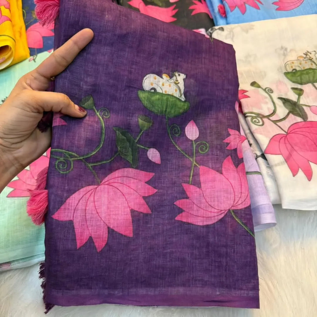 Premium Pichwai Linen Saree with All‑Over Digital Print & Coordinated Blouse