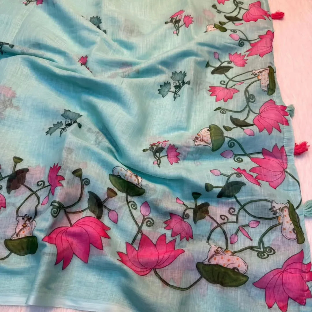Premium Pichwai Linen Saree with All‑Over Digital Print & Coordinated Blouse