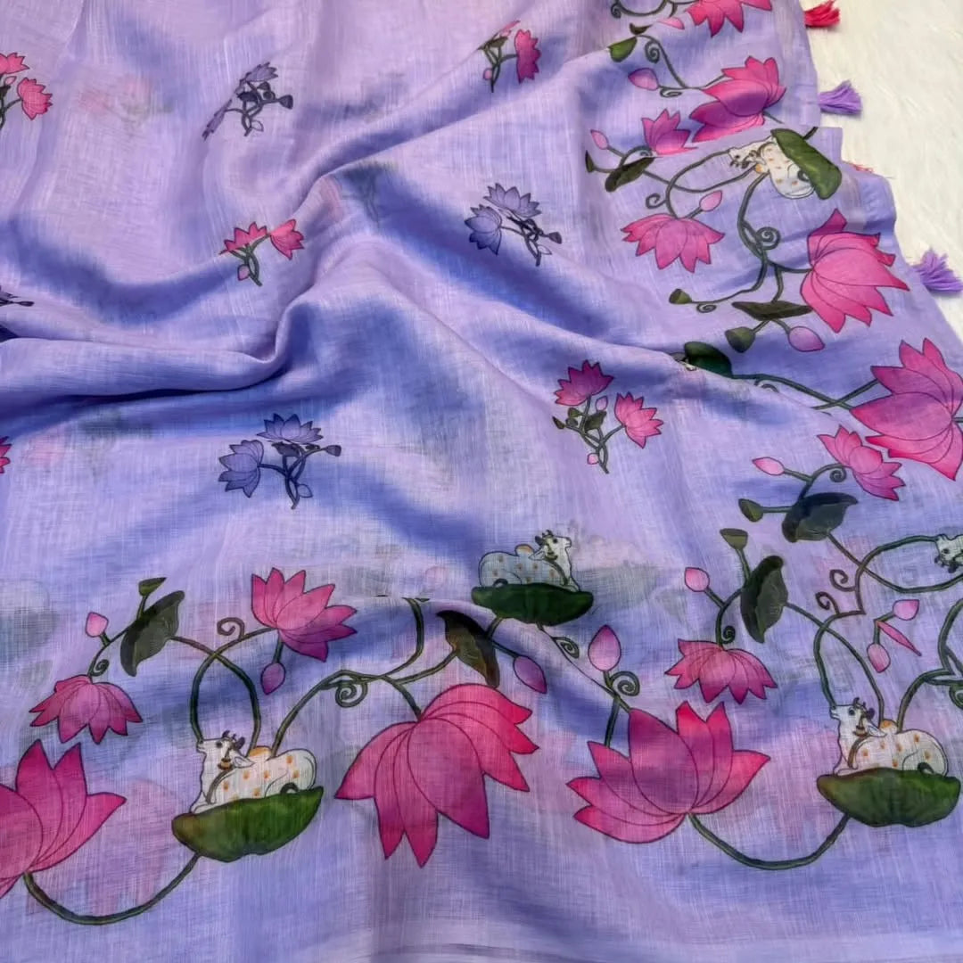 Premium Pichwai Linen Saree with All‑Over Digital Print & Coordinated Blouse