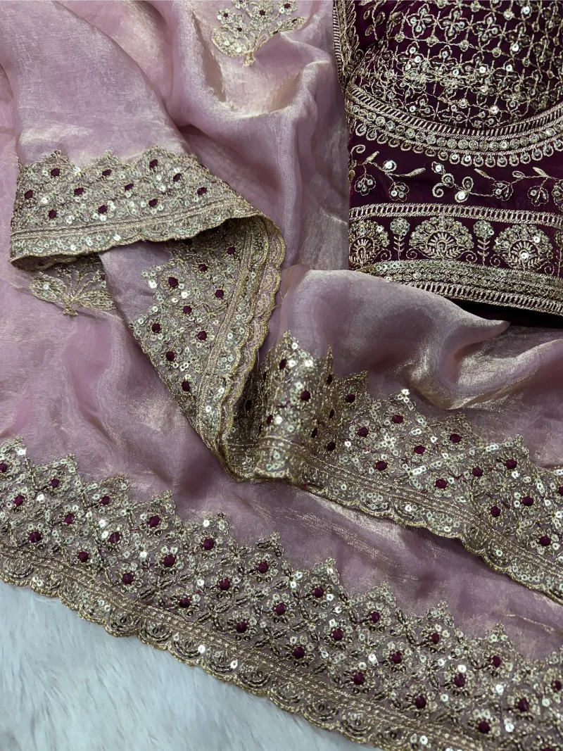 Premium Frendy Satin Saree with Sequence & Zari Embroidery – Heavy Stitched Blouse