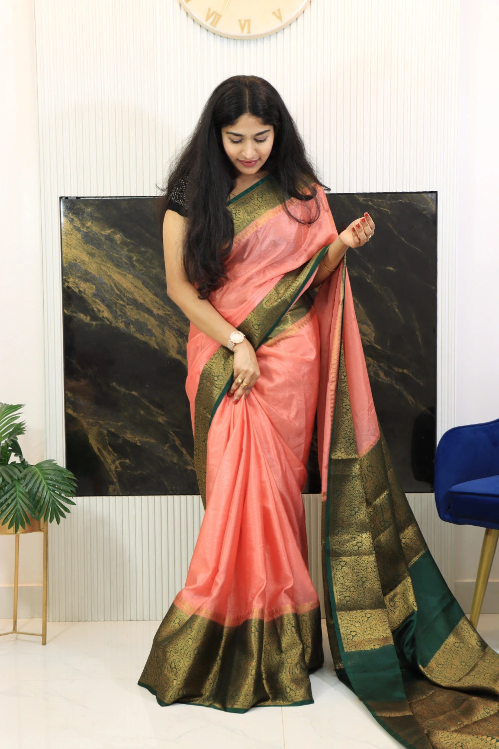 Coral Pink Banarasi Warm Silk Saree with Parrot Green Zari Border - By Swaya World
