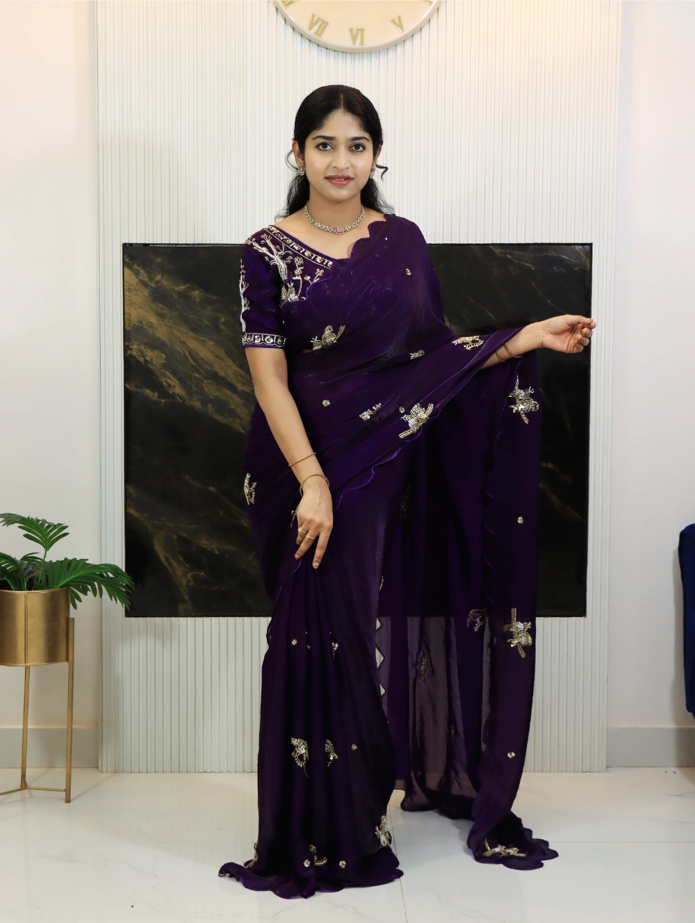 Pure Soft Fandy Satin Silk Saree with Hand Work & Cut Work Aarko Border with 6 Different Colours – Stitched Blouse