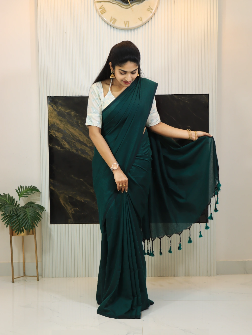 Pure Teal Green Handloom Khadi Cotton Saree with Heavy Embroidered Aura Cotton Blouse – Adjustable Fit