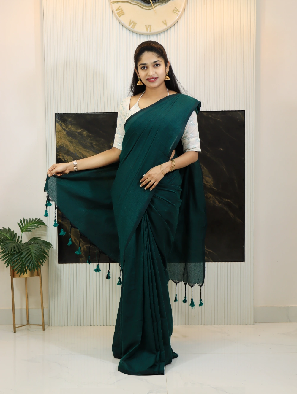 Pure Teal Green Handloom Khadi Cotton Saree with Heavy Embroidered Aura Cotton Blouse – Adjustable Fit