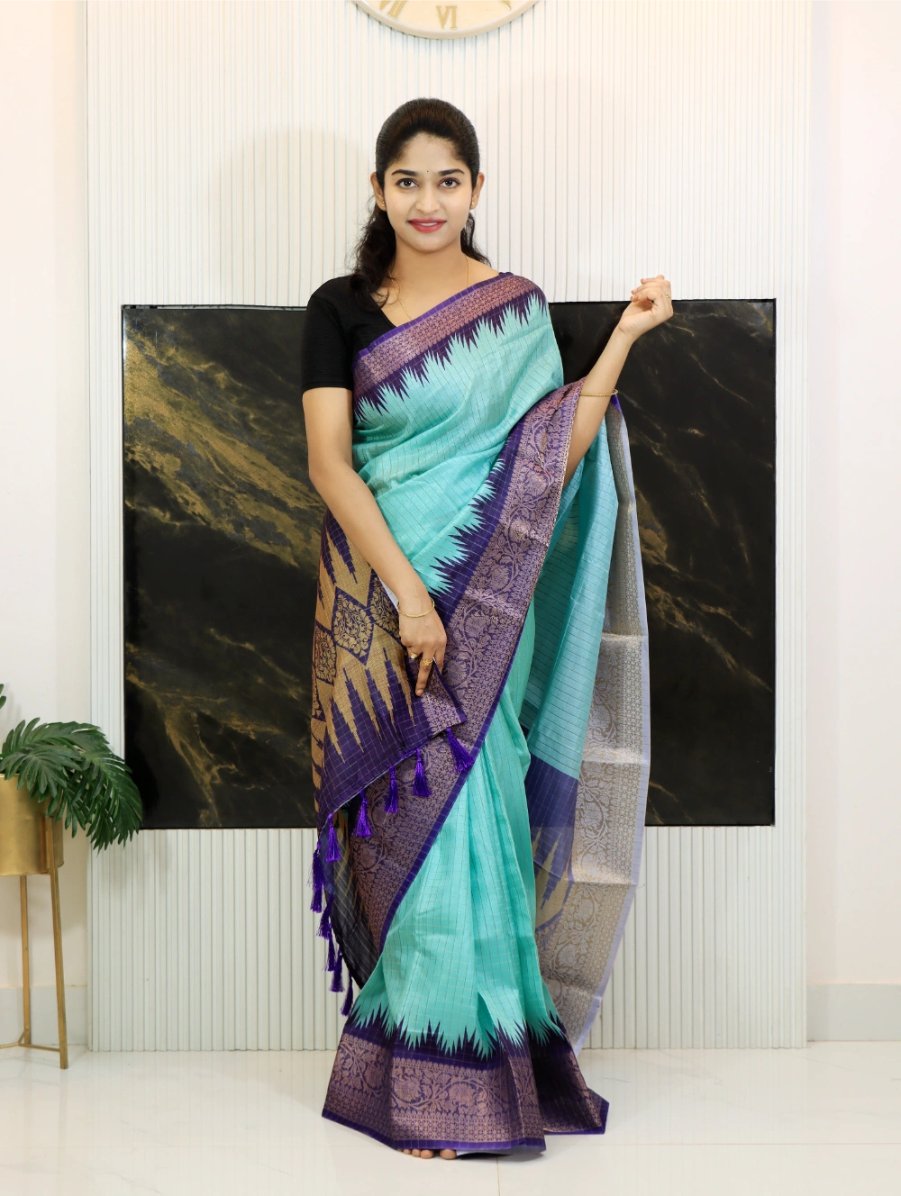 Aqua Green Soft Chanderi Checks Weaving Saree with Temple Design Digital Print & Jacquard Border – Contrast Blouse