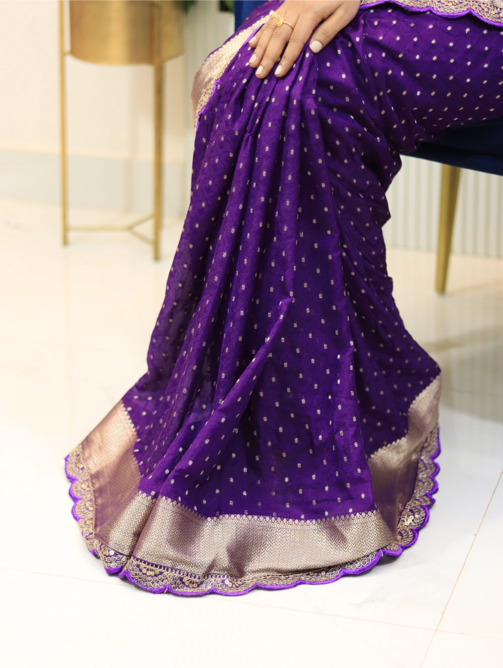 Violet Khadi Georgette Saree with Gold Zari Weaving, Scallop Cutwork Lace & Rich Pallu