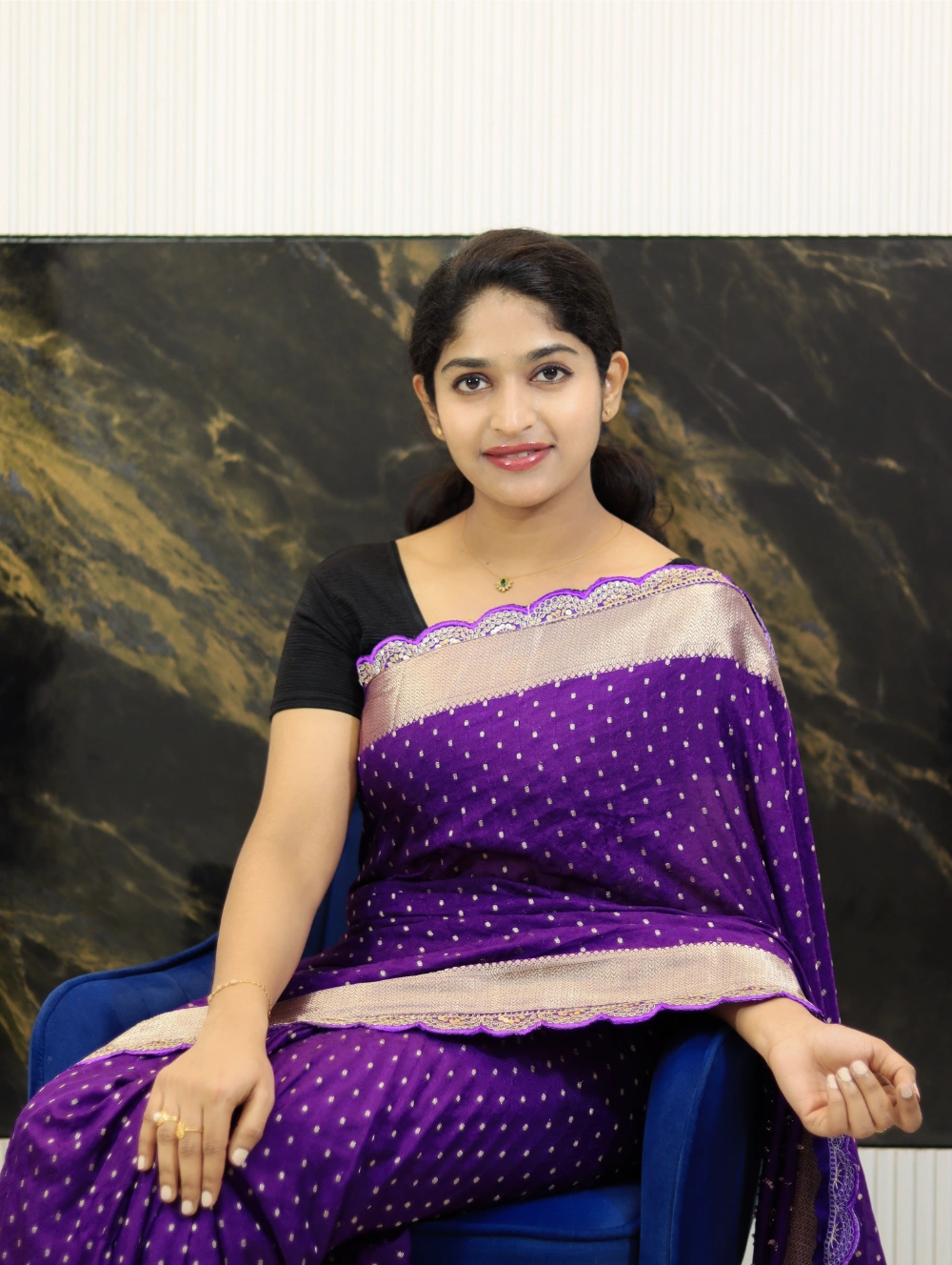 Violet Khadi Georgette Saree with Gold Zari Weaving, Scallop Cutwork Lace & Rich Pallu