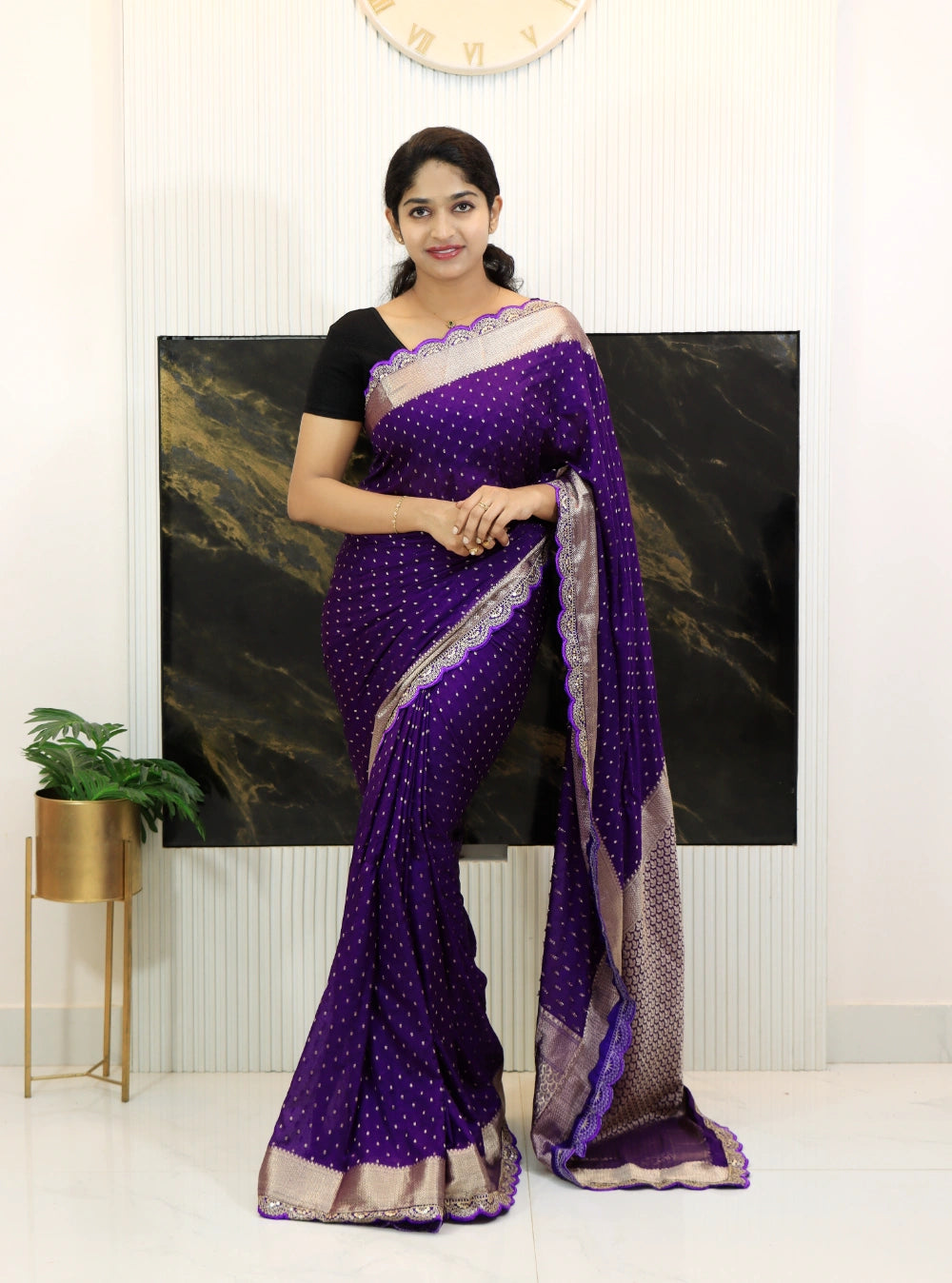 Violet Khadi Georgette Saree with Gold Zari Weaving, Scallop Cutwork Lace & Rich Pallu