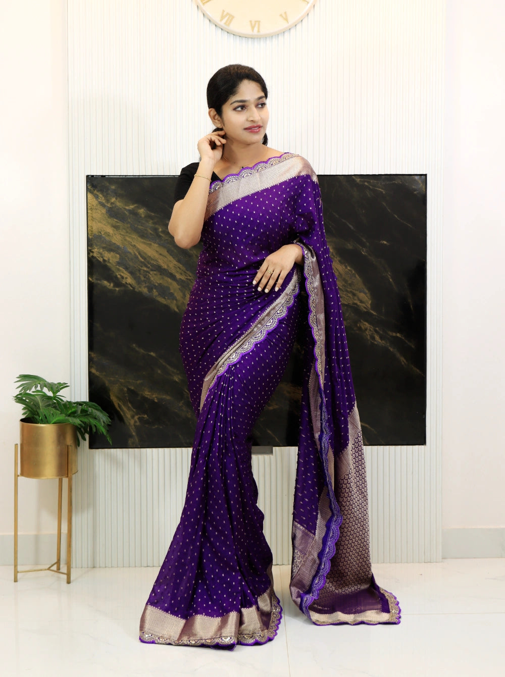 Violet Khadi Georgette Saree with Gold Zari Weaving, Scallop Cutwork Lace & Rich Pallu