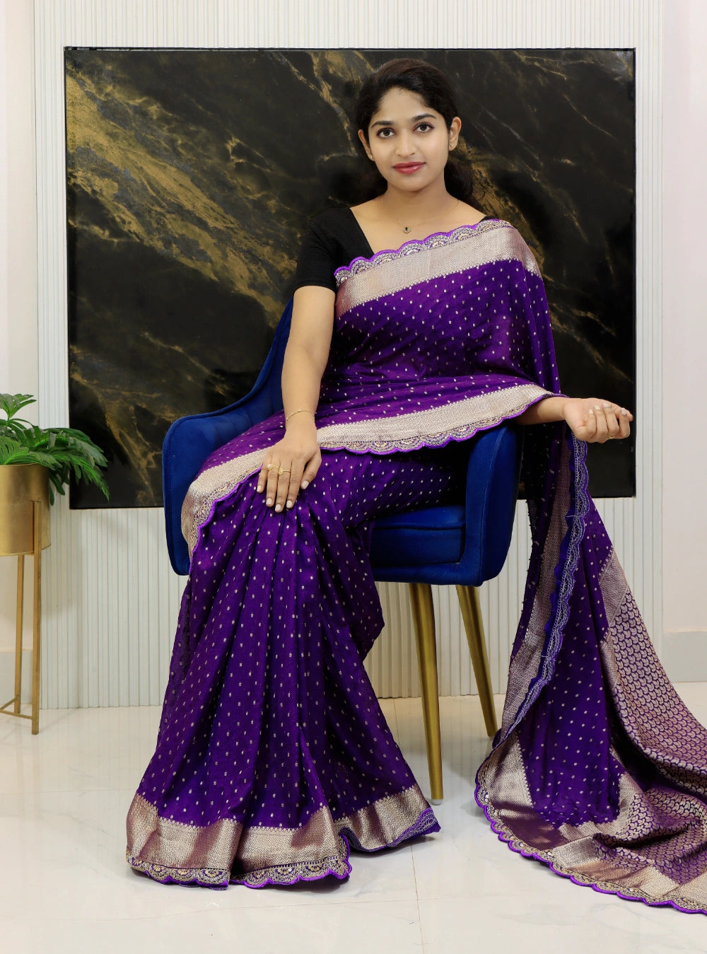 Violet Khadi Georgette Saree with Gold Zari Weaving, Scallop Cutwork Lace & Rich Pallu