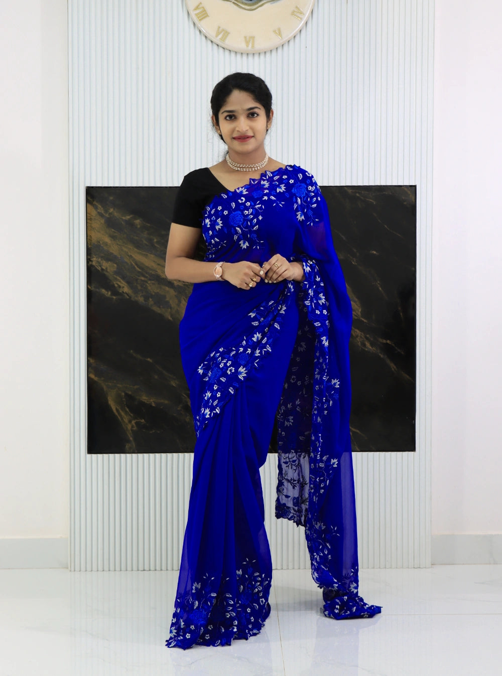 Royal Blue Pure Georgette Saree with Shaded Floral Embroidery Border & Butti Work Blouse