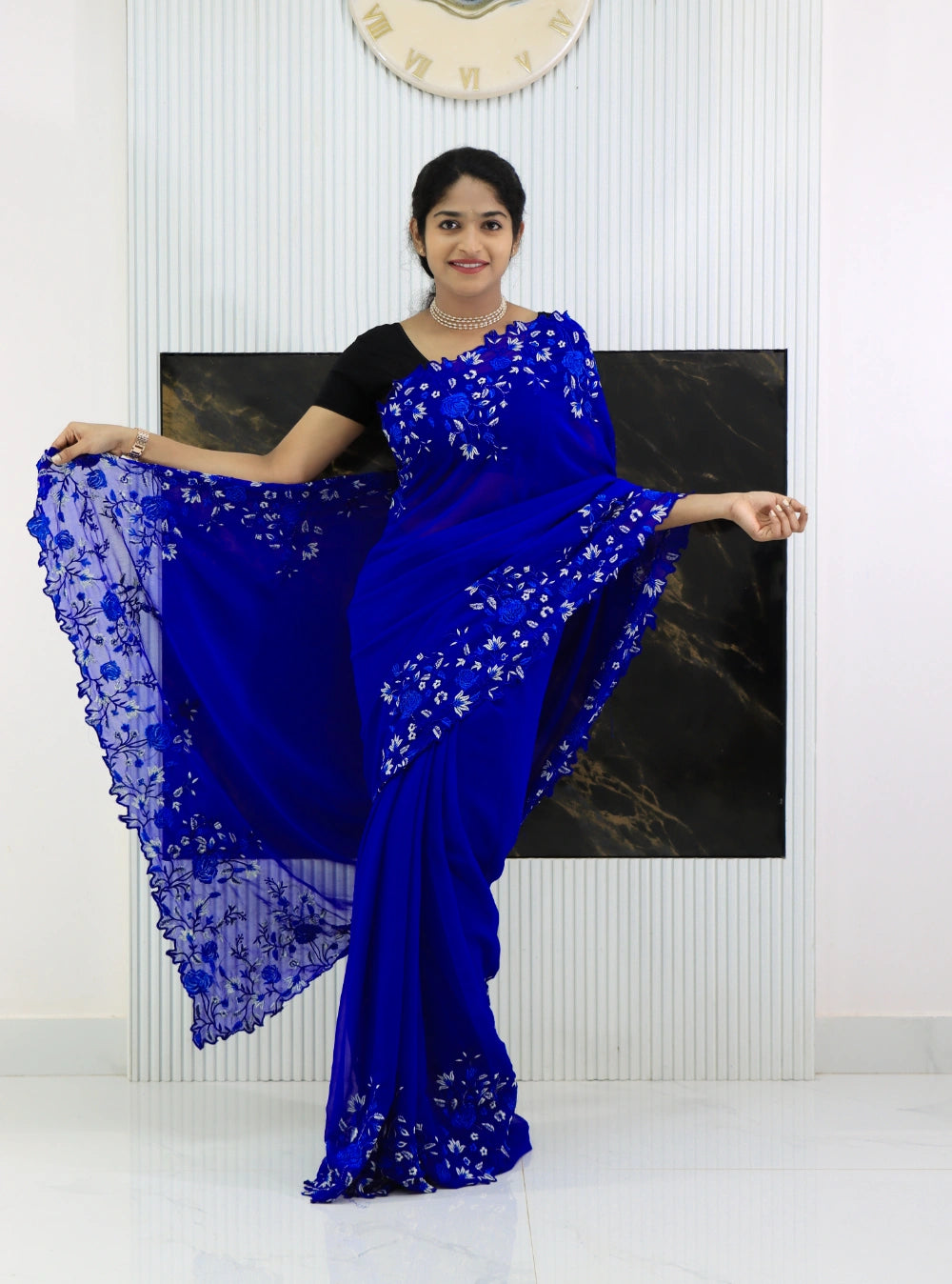 Royal Blue Pure Georgette Saree with Shaded Floral Embroidery Border & Butti Work Blouse