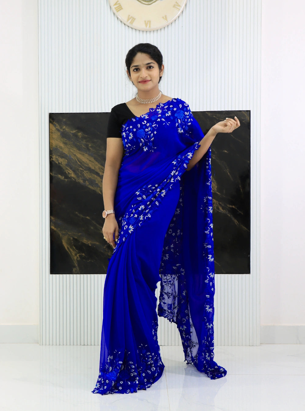 Royal Blue Pure Georgette Saree with Shaded Floral Embroidery Border & Butti Work Blouse