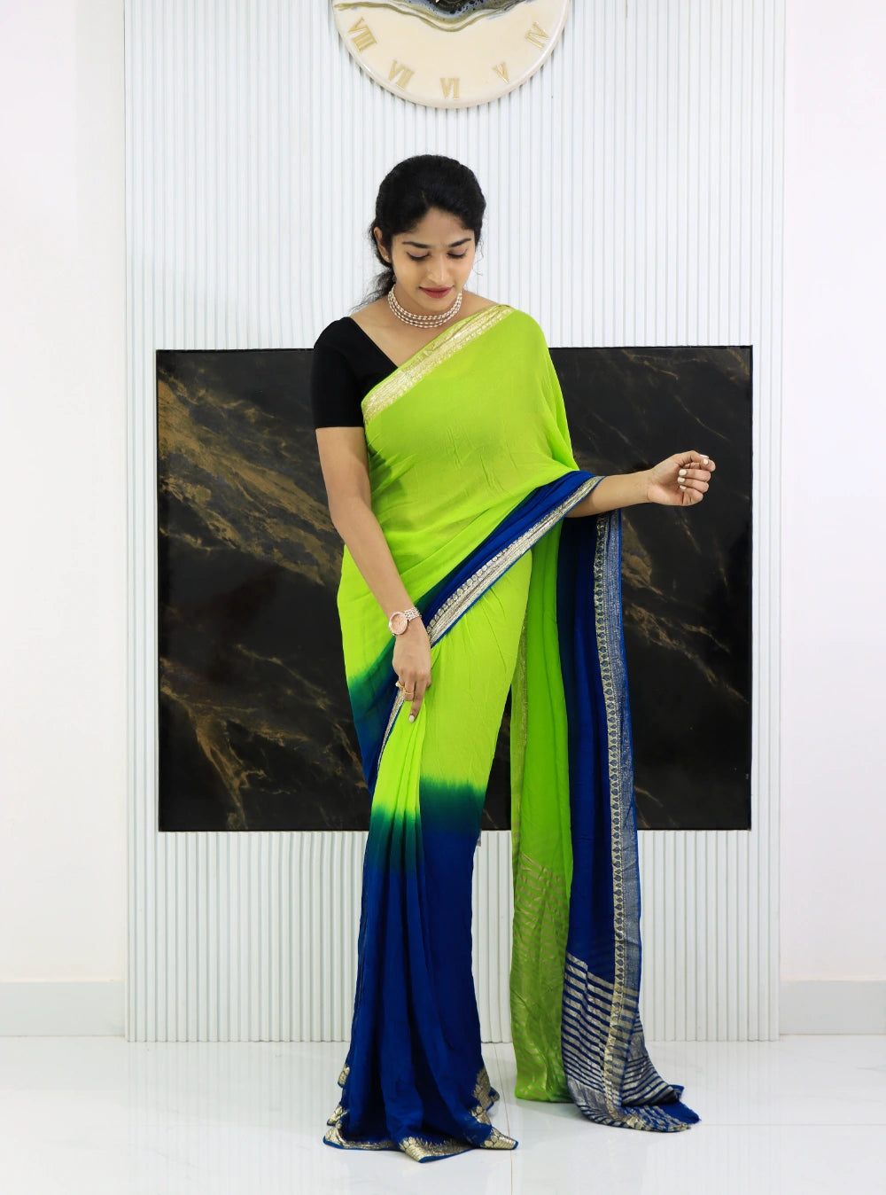 Pure Viscose Georgette Saree with Viscose Contrast Blouse in Green-Blue Shaded – Lightweight & Elegant Party Wear