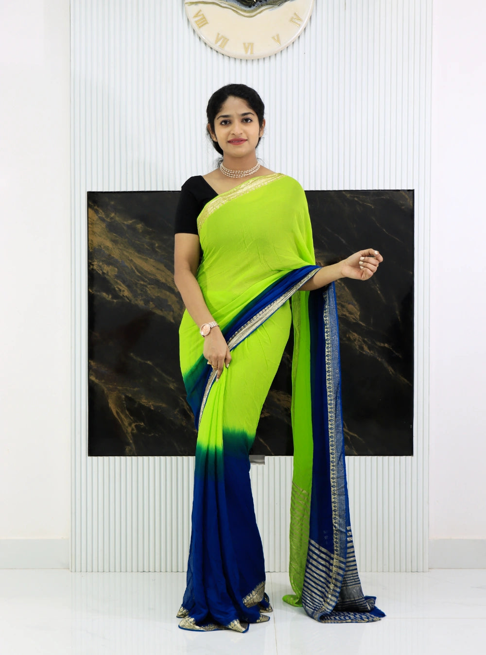 Pure Viscose Georgette Saree with Viscose Contrast Blouse in Green-Blue Shaded – Lightweight & Elegant Party Wear