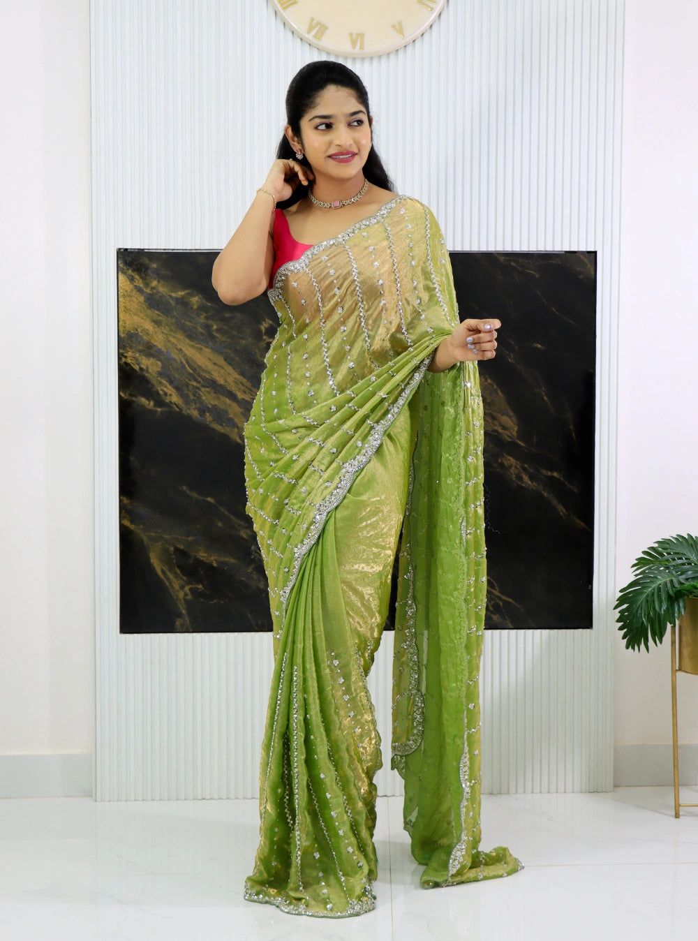 Cocktail Saree in Pixel Crushed Space Silk with Cutdana, Moti, Sequence & Beads Work – Heavy Designer Blouse Included