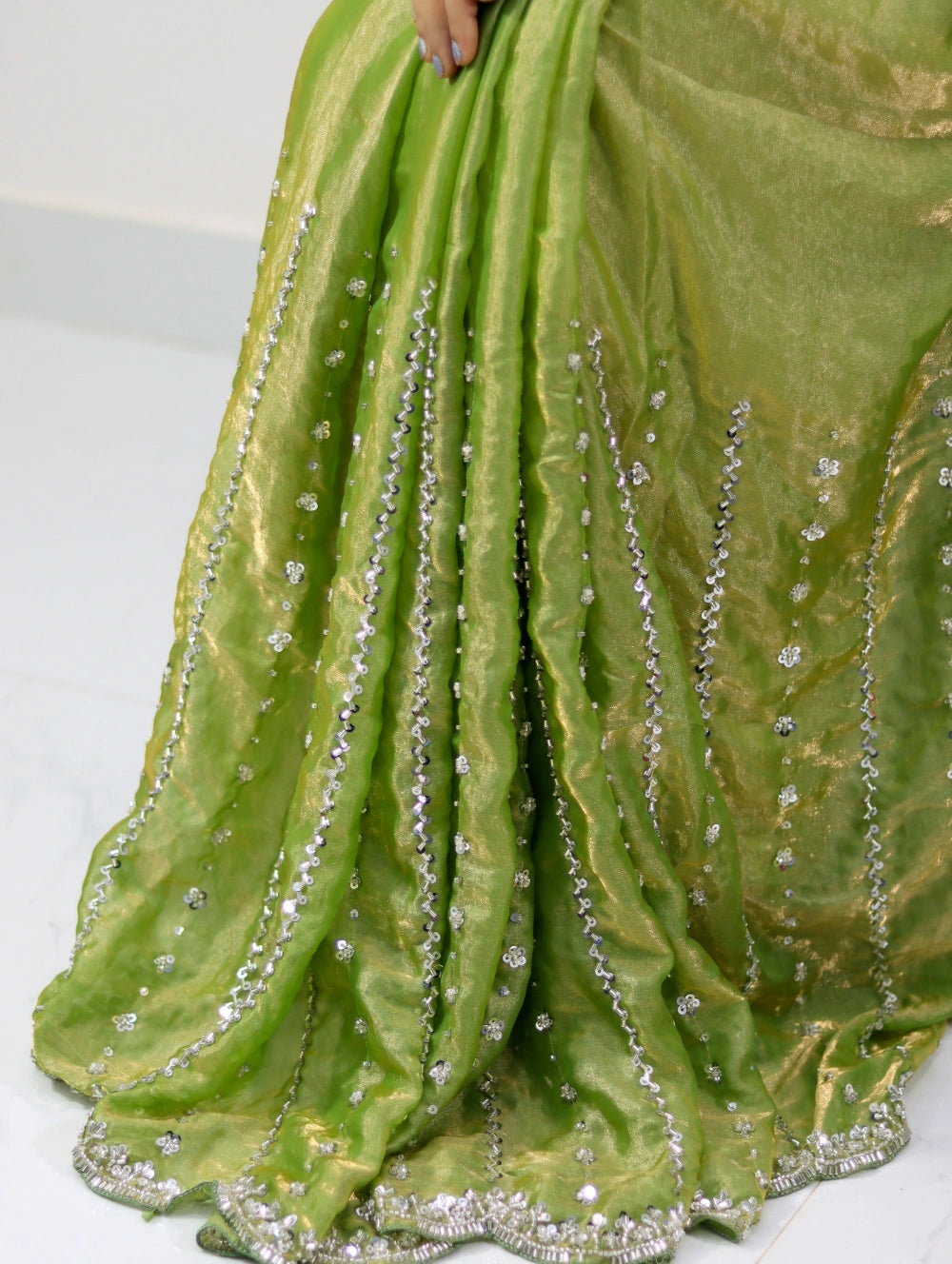 Cocktail Saree in Pixel Crushed Space Silk with Cutdana, Moti, Sequence & Beads Work – Heavy Designer Blouse Included