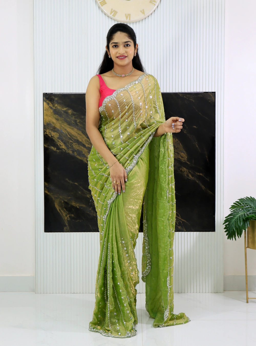 Cocktail Saree in Pixel Crushed Space Silk with Cutdana, Moti, Sequence & Beads Work – Heavy Designer Blouse Included