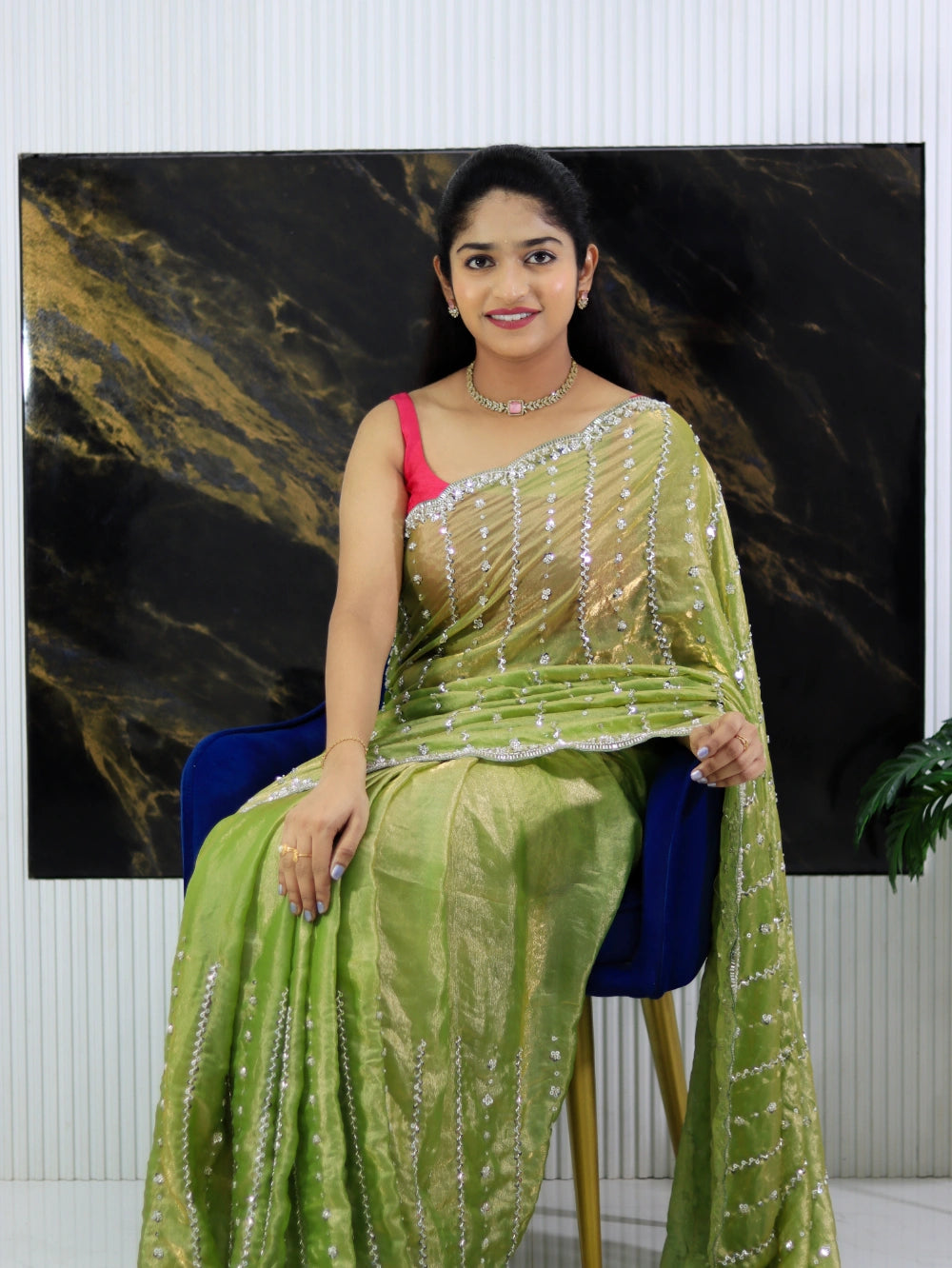 Cocktail Saree in Pixel Crushed Space Silk with Cutdana, Moti, Sequence & Beads Work – Heavy Designer Blouse Included