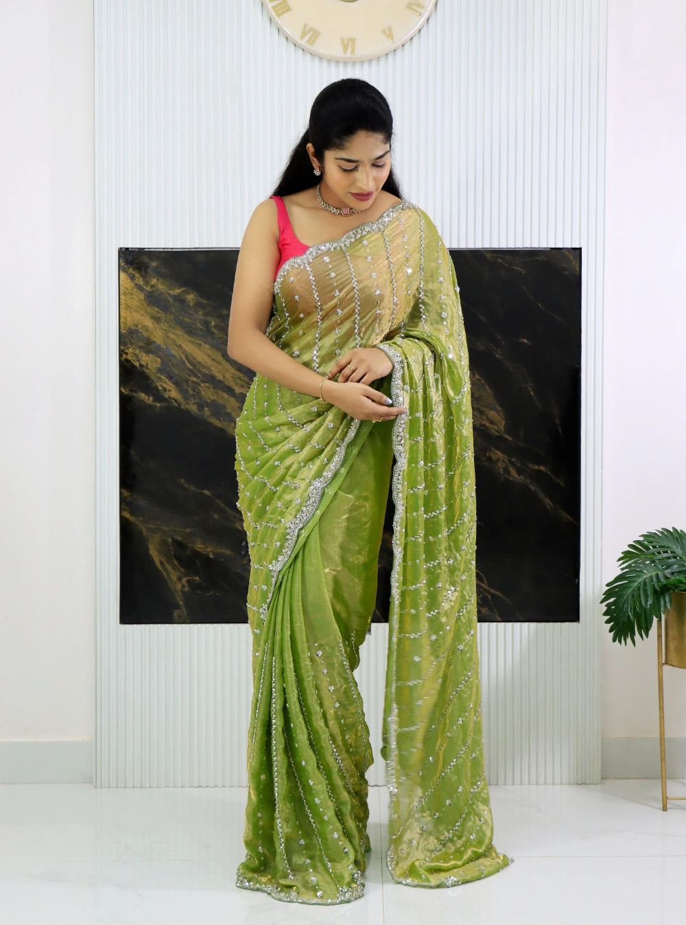Cocktail Saree in Pixel Crushed Space Silk with Cutdana, Moti, Sequence & Beads Work – Heavy Designer Blouse Included