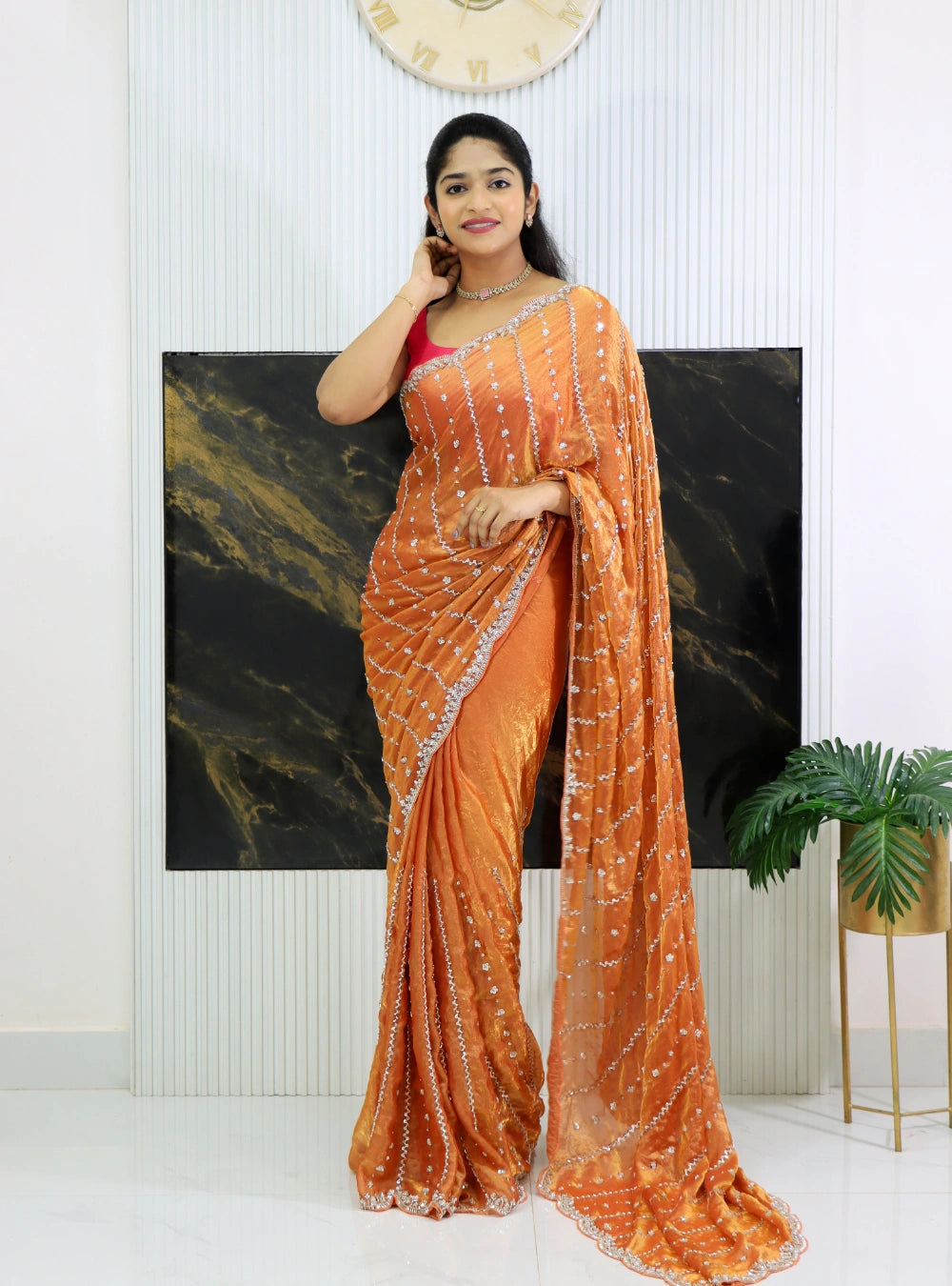 Cocktail Saree in Pixel Crushed Space Silk with Cutdana, Moti, Sequence & Beads Work – Heavy Designer Blouse Included