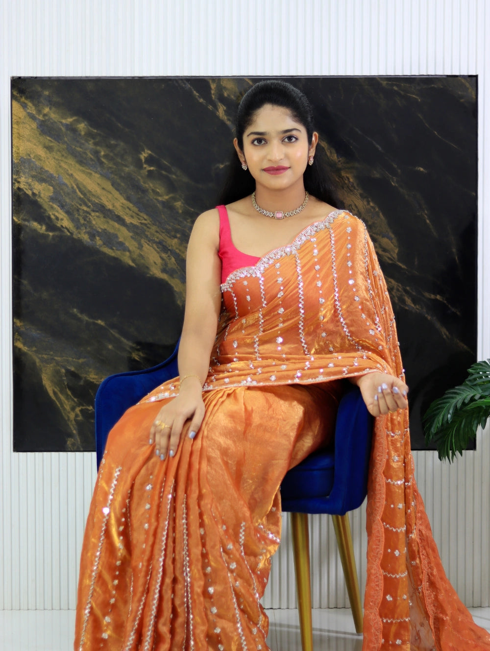 Cocktail Saree in Pixel Crushed Space Silk with Cutdana, Moti, Sequence & Beads Work – Heavy Designer Blouse Included