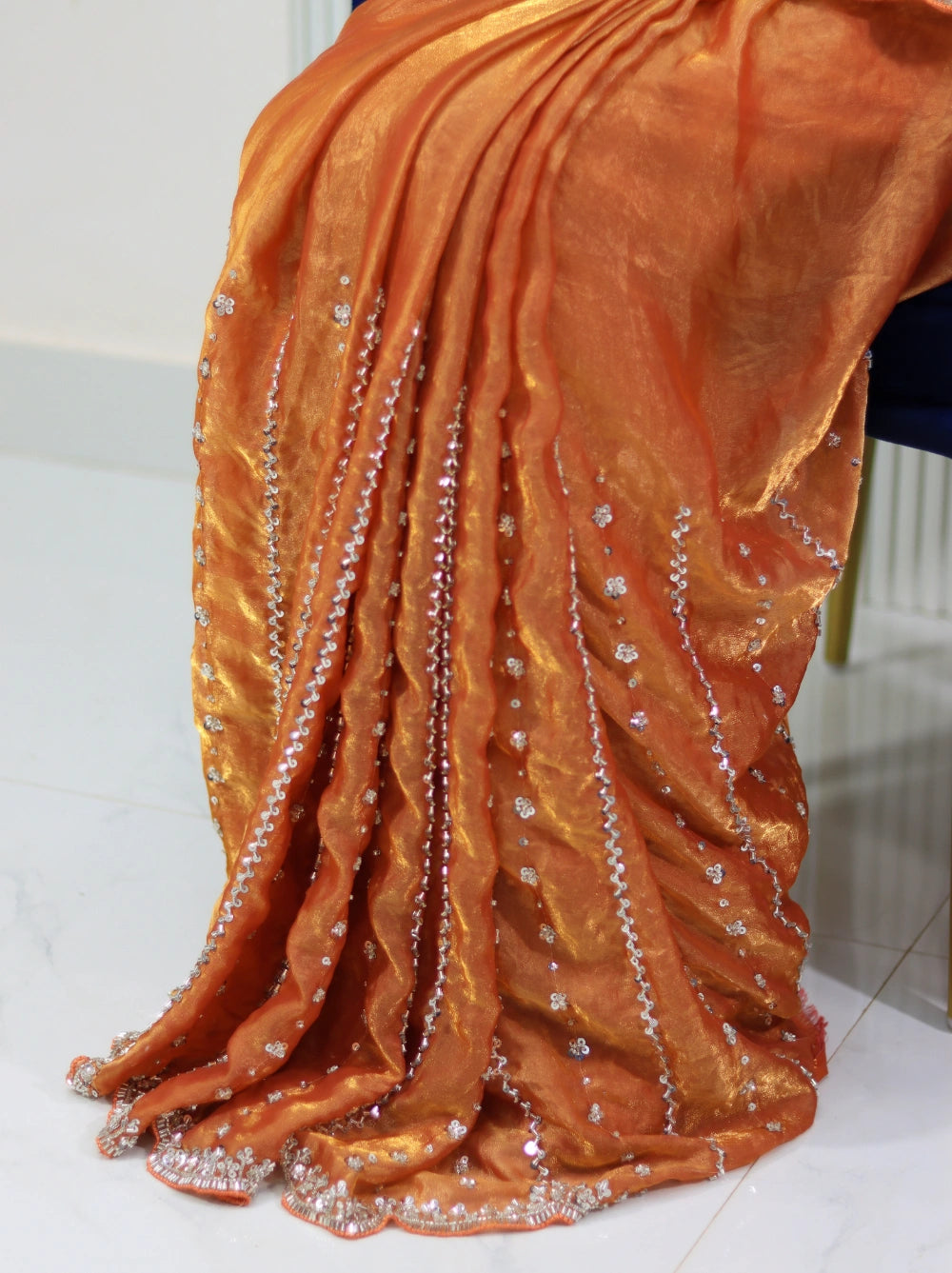 Cocktail Saree in Pixel Crushed Space Silk with Cutdana, Moti, Sequence & Beads Work – Heavy Designer Blouse Included