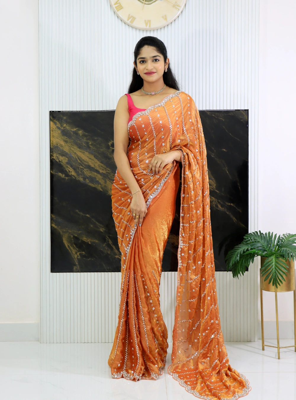 Cocktail Saree in Pixel Crushed Space Silk with Cutdana, Moti, Sequence & Beads Work – Heavy Designer Blouse Included