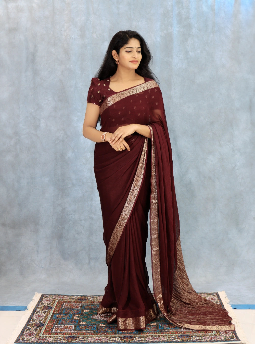 Viscose Georgette Saree with Butti Design Blouse – Soft Drape & Elegant Finish