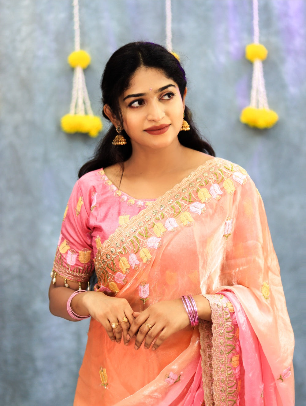 Pure Soft Fendy Padding Saree with Embroidery Border, Jharkhand Touch-Up & Stitched Silk Blouse