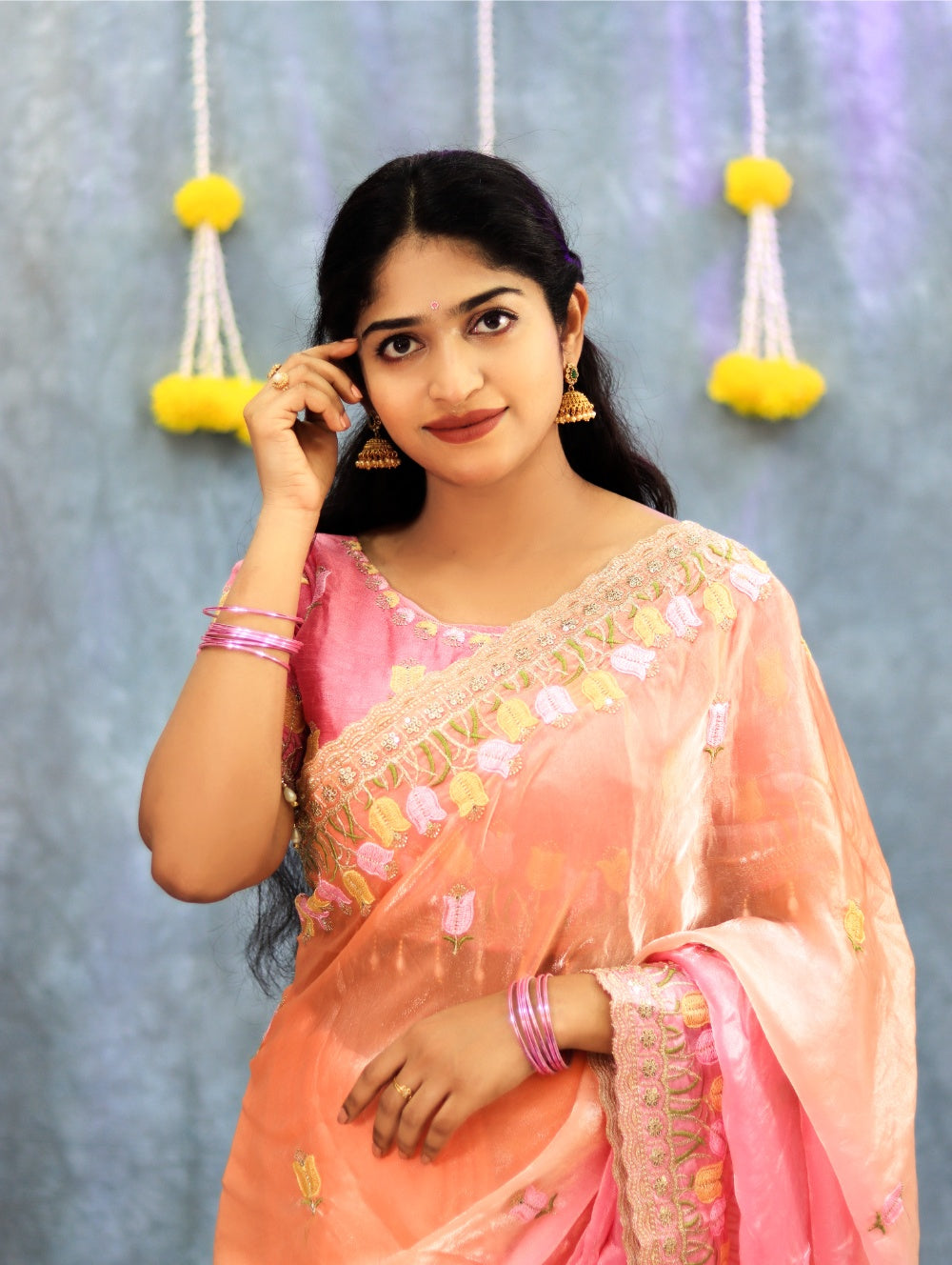 Pure Soft Fendy Padding Saree with Embroidery Border, Jharkhand Touch-Up & Stitched Silk Blouse