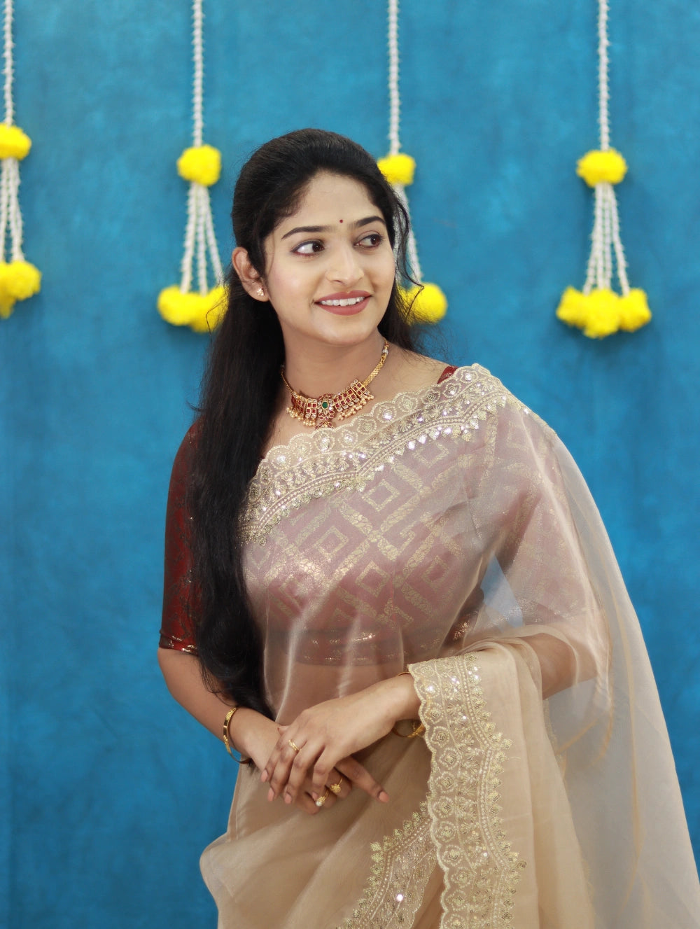 Gold Tissue Silk Saree with Embroidery, Sequins & Scalloped Cutwork Border – Contrast Designer Blouse Included