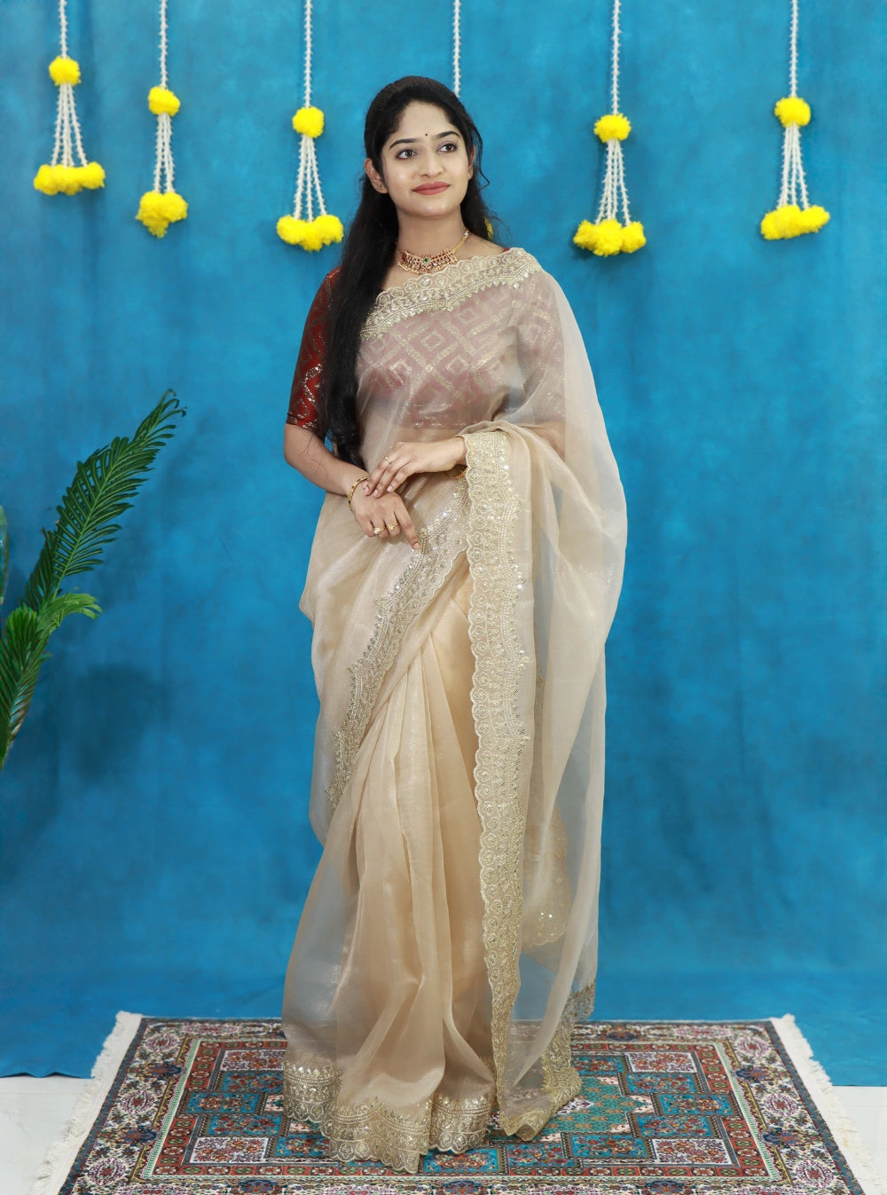 Gold Tissue Silk Saree with Embroidery, Sequins & Scalloped Cutwork Border – Contrast Designer Blouse Included