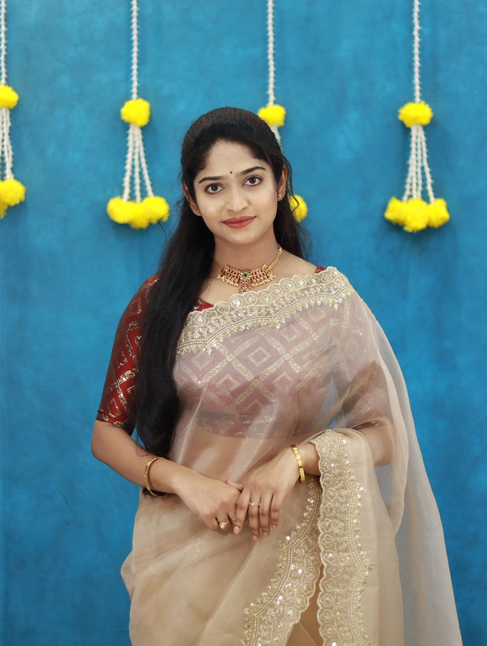 Gold Tissue Silk Saree with Embroidery, Sequins & Scalloped Cutwork Border – Contrast Designer Blouse Included