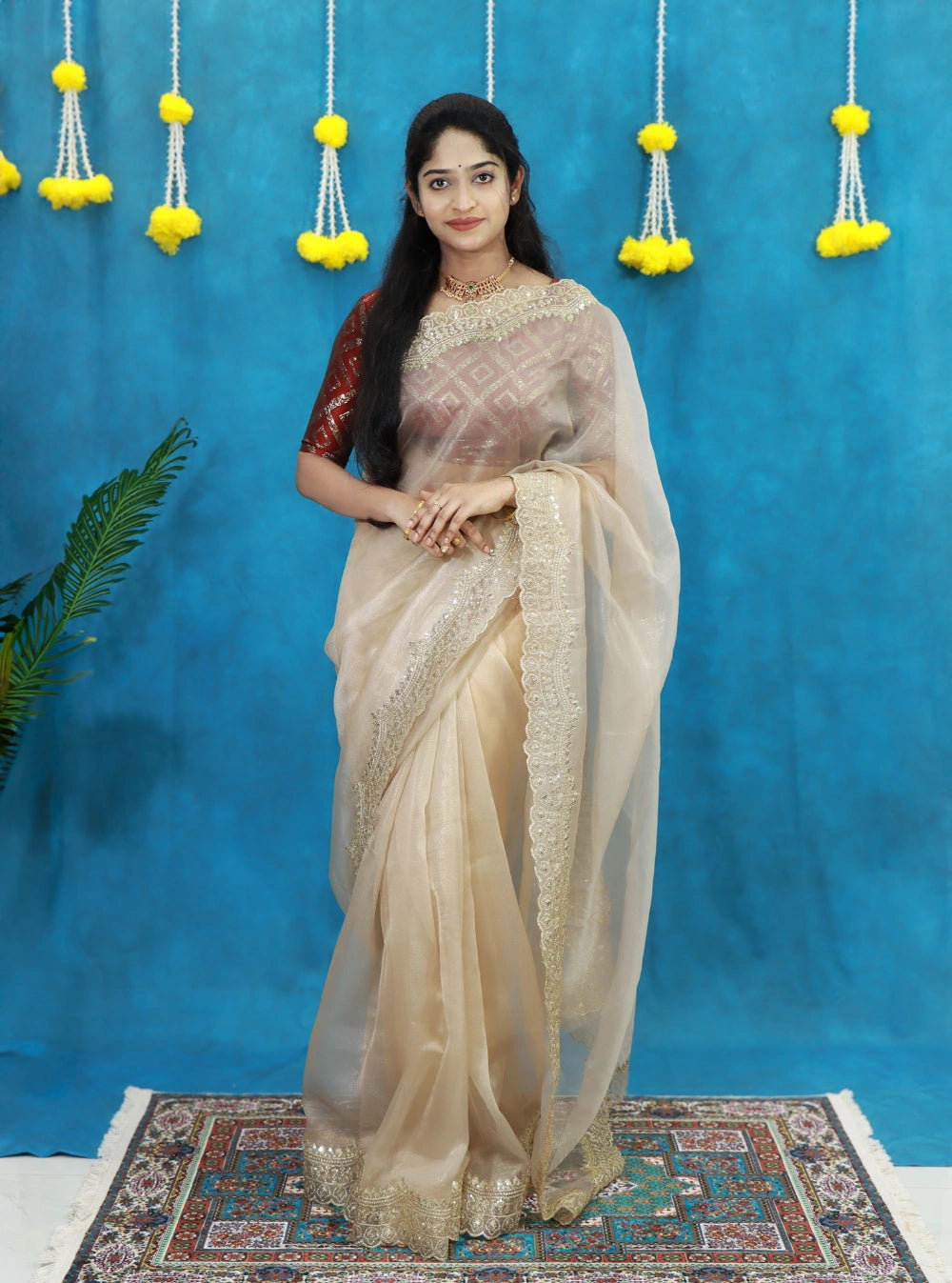 Gold Tissue Silk Saree with Embroidery, Sequins & Scalloped Cutwork Border – Contrast Designer Blouse Included