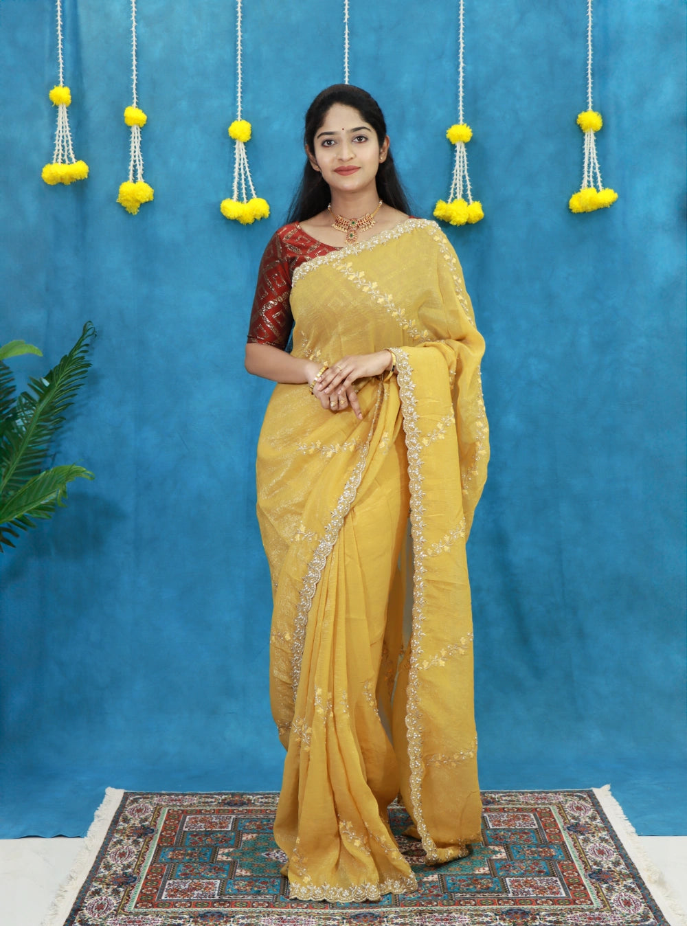 Soft Crunchy Designer Saree with Embroidery, Stone Work & Cutwork Border – Contrast Blouse Included