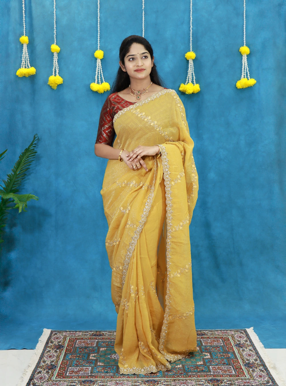 Soft Crunchy Designer Saree with Embroidery, Stone Work & Cutwork Border – Contrast Blouse Included