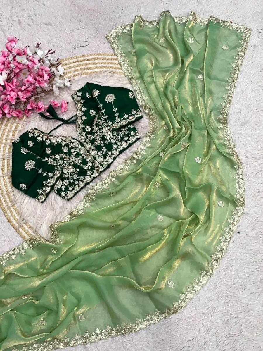 Premium Fendy Satin Silk Saree with Sequins, Coding Embroidery & Cutwork Border – Fully Stitched Blouse