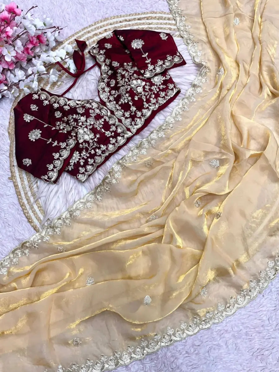 Premium Fendy Satin Silk Saree with Sequins, Coding Embroidery & Cutwork Border – Fully Stitched Blouse