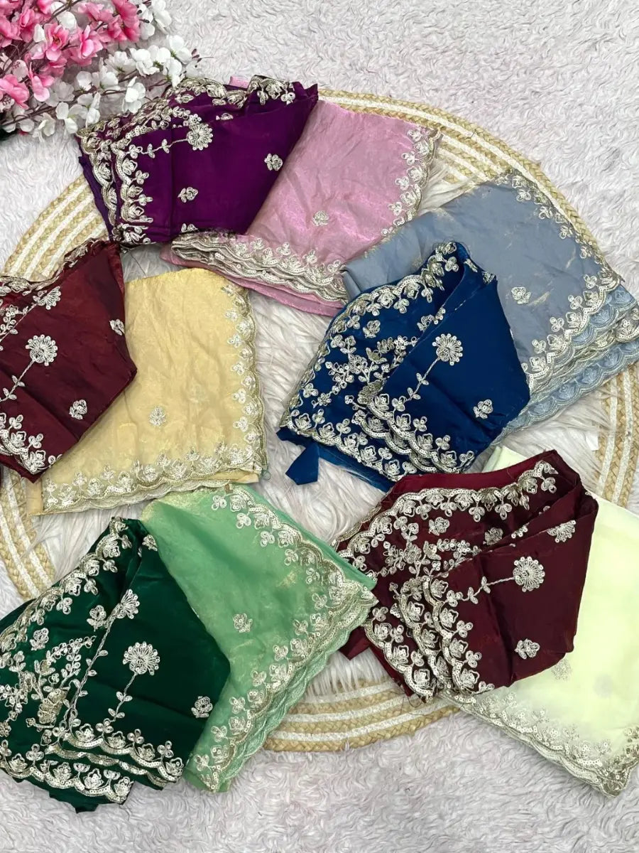 Premium Fendy Satin Silk Saree with Sequins, Coding Embroidery & Cutwork Border – Fully Stitched Blouse