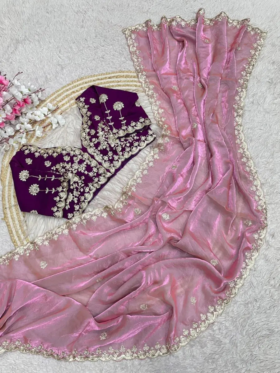 Premium Fendy Satin Silk Saree with Sequins, Coding Embroidery & Cutwork Border – Fully Stitched Blouse
