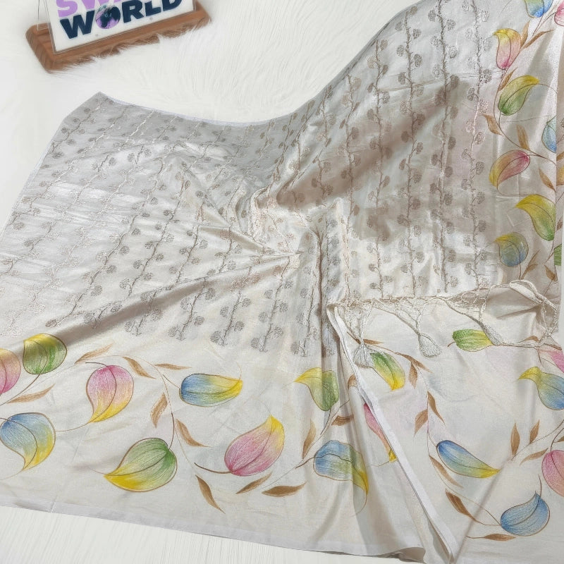 Floral patterned fabric with colorful leaves on a white background