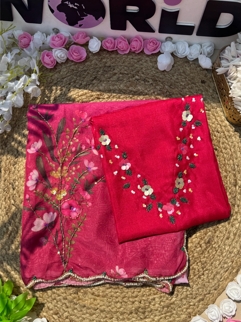 Soft Tebby Silk Saree with Floral Print, Beads, Sequins & Katdana Handwork – Jalpari Silk Blouse Included