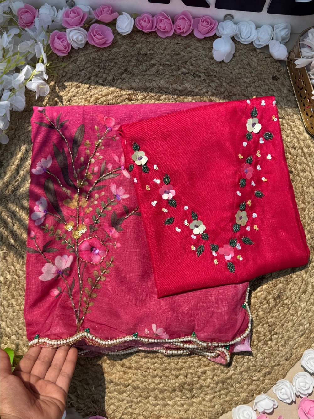 Soft Tebby Silk Saree with Floral Print, Beads, Sequins & Katdana Handwork – Jalpari Silk Blouse Included