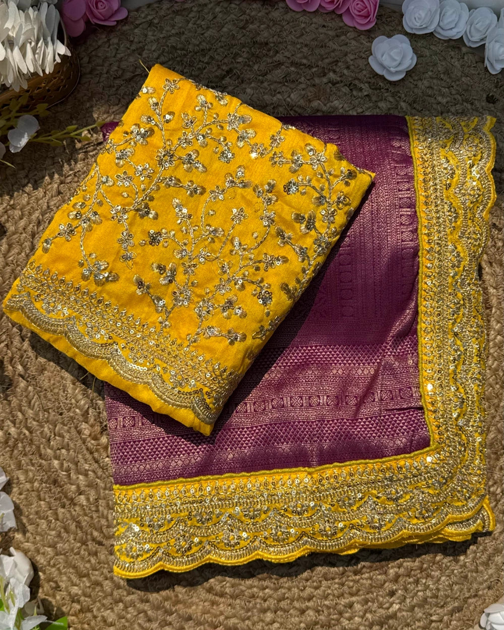 Pure Banarasi Pattu Saree with All-Over Weaving, Scalloped Embroidered Border & Designer Sequin Blouse