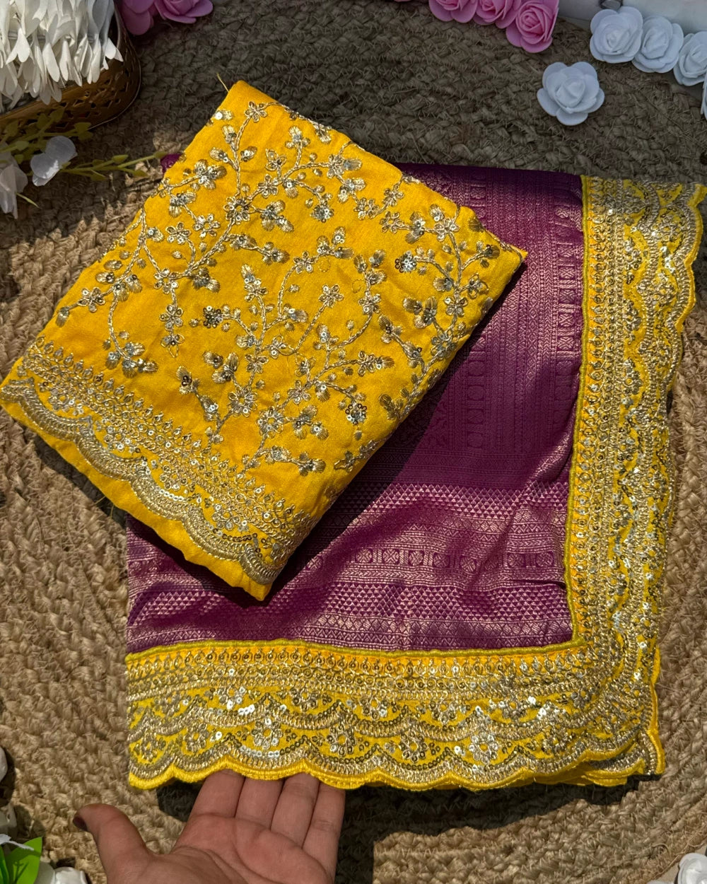Pure Banarasi Pattu Saree with All-Over Weaving, Scalloped Embroidered Border & Designer Sequin Blouse