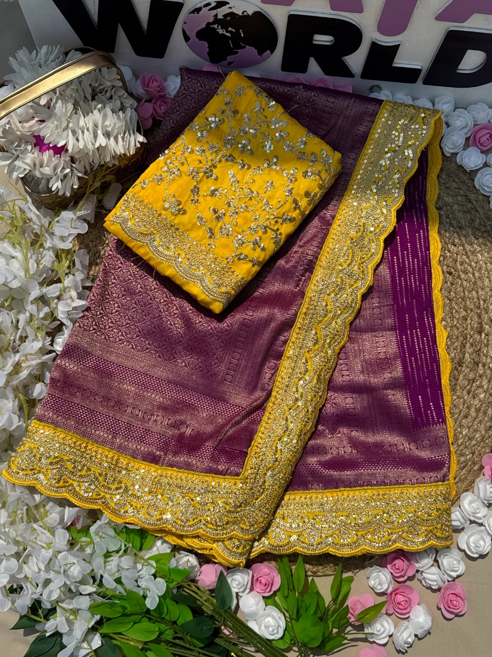 Pure Banarasi Pattu Saree with All-Over Weaving, Scalloped Embroidered Border & Designer Sequin Blouse